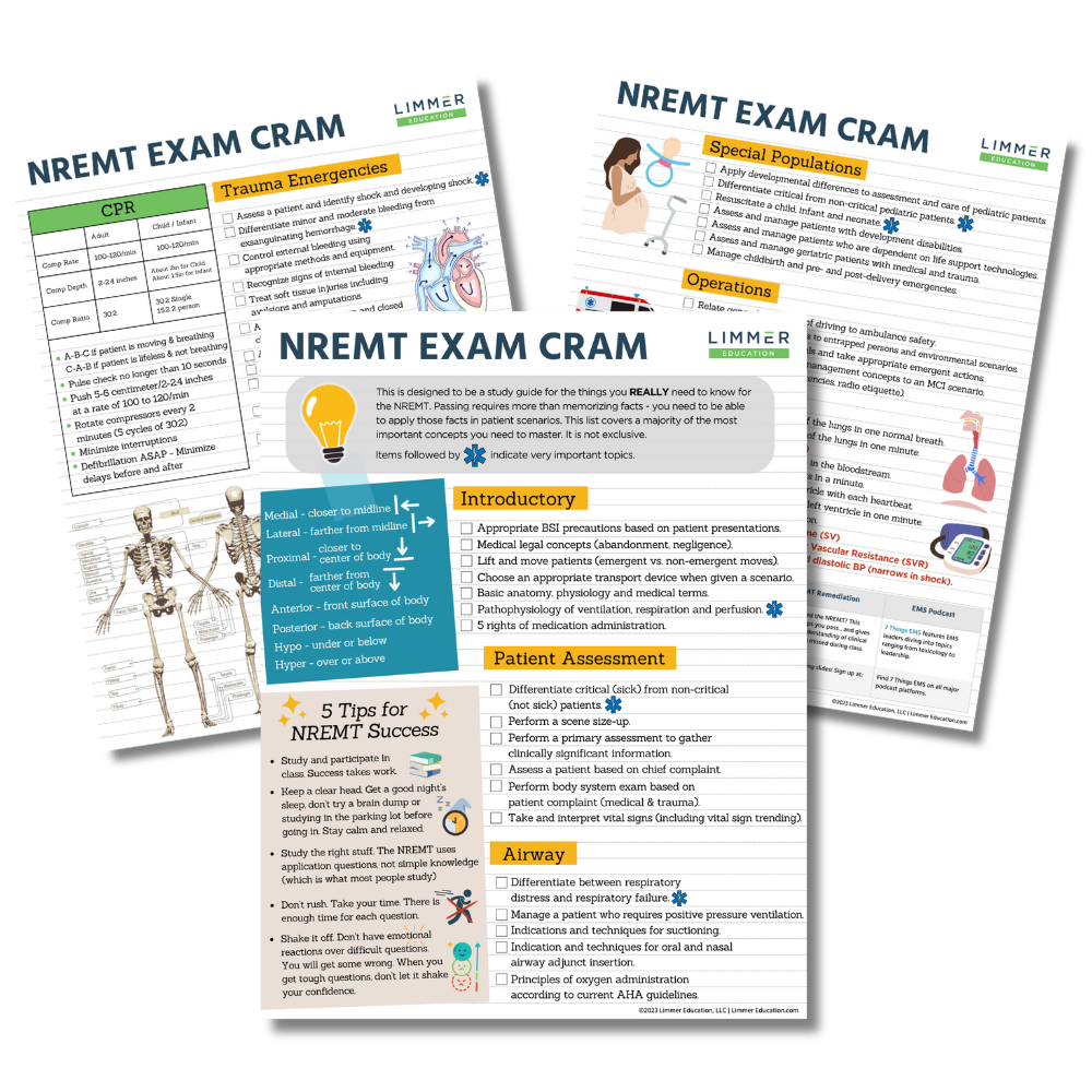 three-page NREMT study guide for EMT students