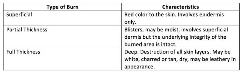 table of three burn types