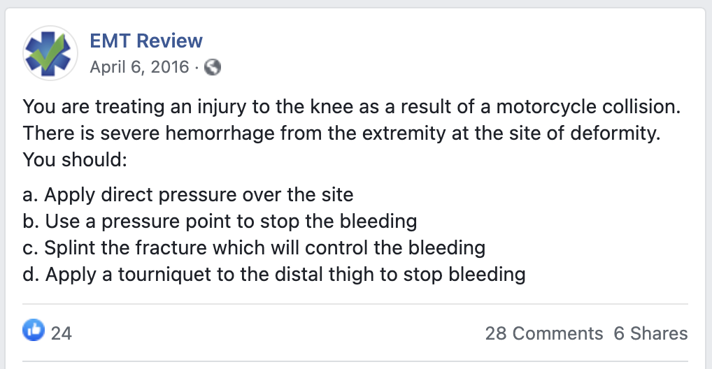 EMT Review Facebook page screenshot of bleeding control question