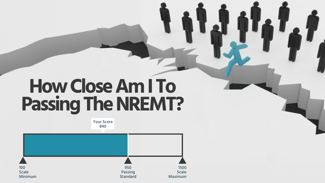 Text 'how close am I to passing the NREMT?' with a scaled score report bar indicating 100 minimum, a 'your score' of 840, 950 passing score, and 1500 max score. Across a chasm, one blue stick man leaps toward the bar, surrounded by gray stick men.