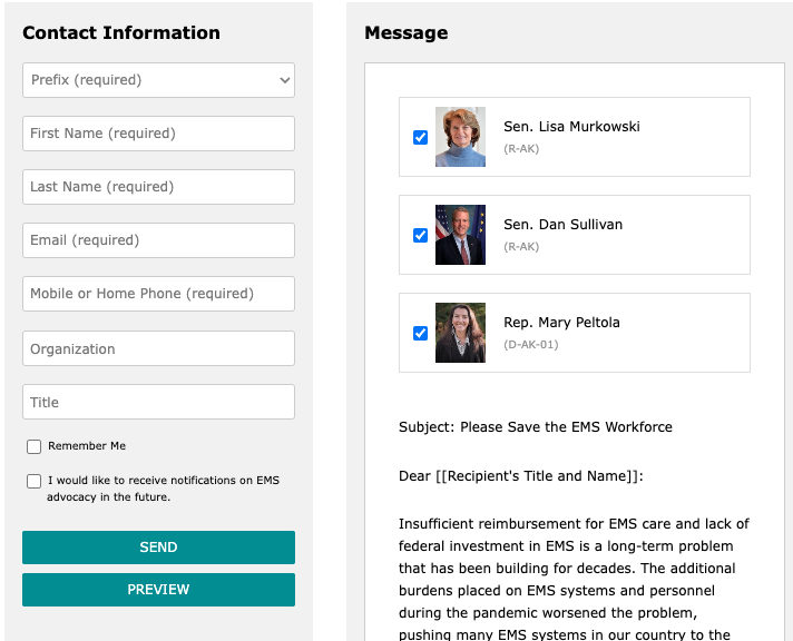 screenshot of how to submit email to state representatives via the naemt advocacy website