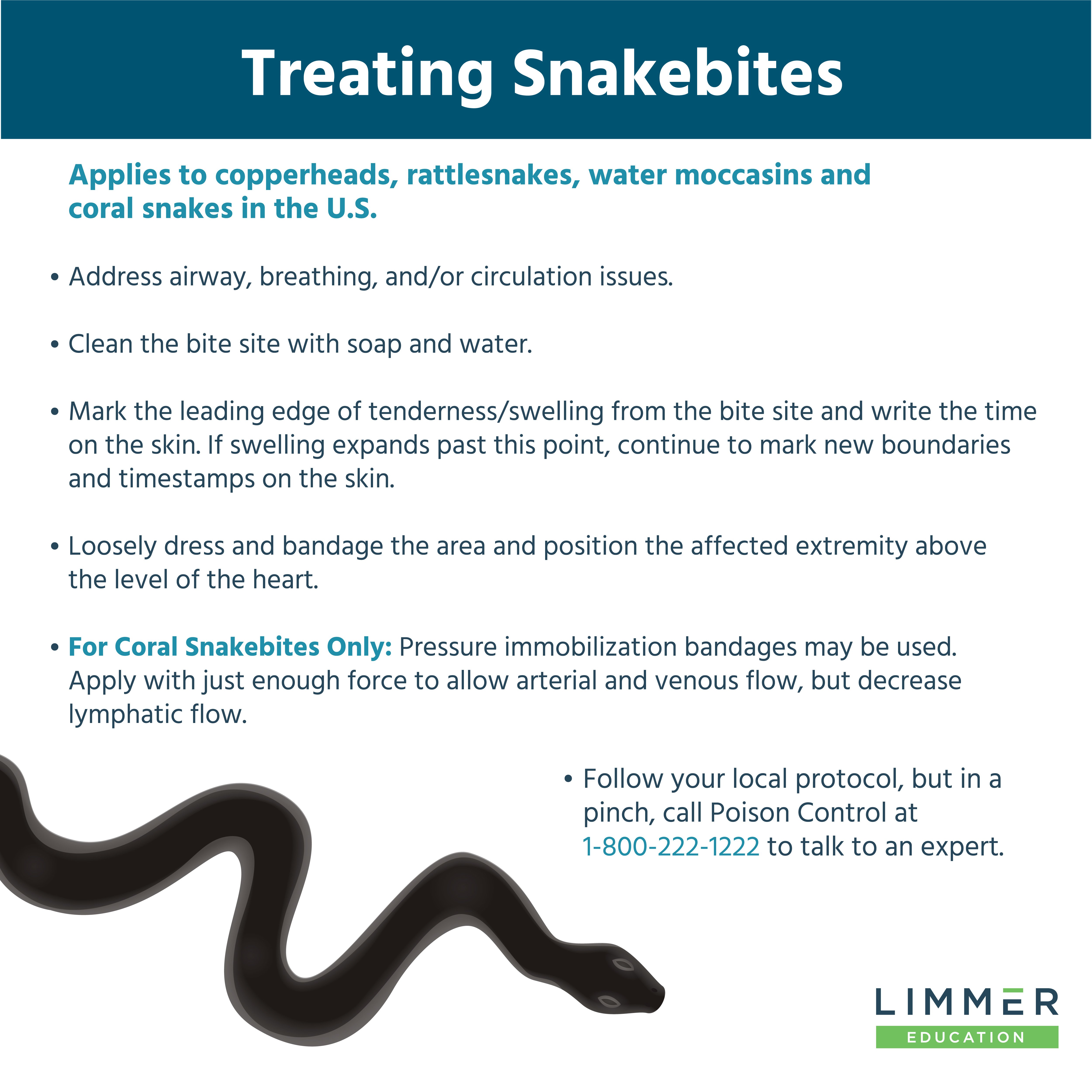 "Treating Snakebites" longform text on white background with water moccasin snake