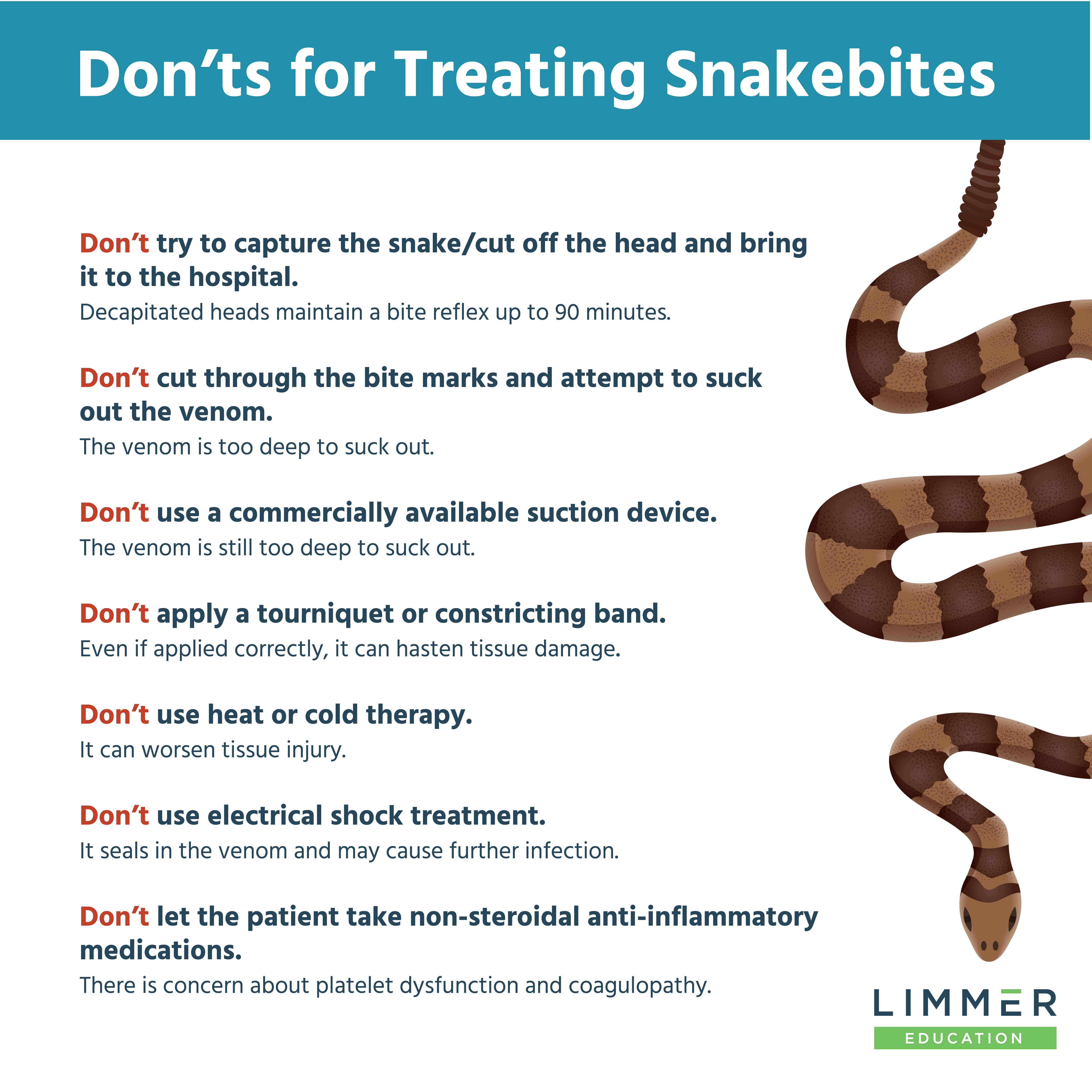 "Don'ts for Treating Snakebites" longform text on white background with rattlesnake