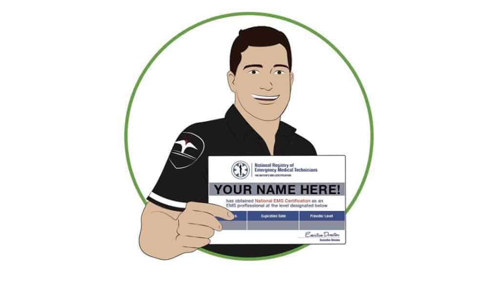 illustrated man in uniform holding certification from the NREMT