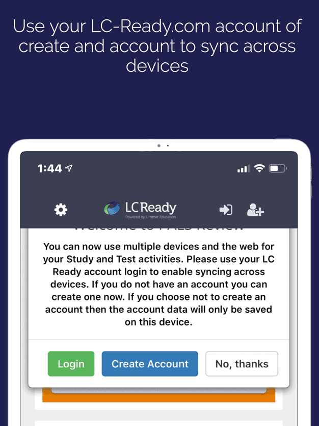 screenshot of LC Ready sync account message, login, create an account or no thanks