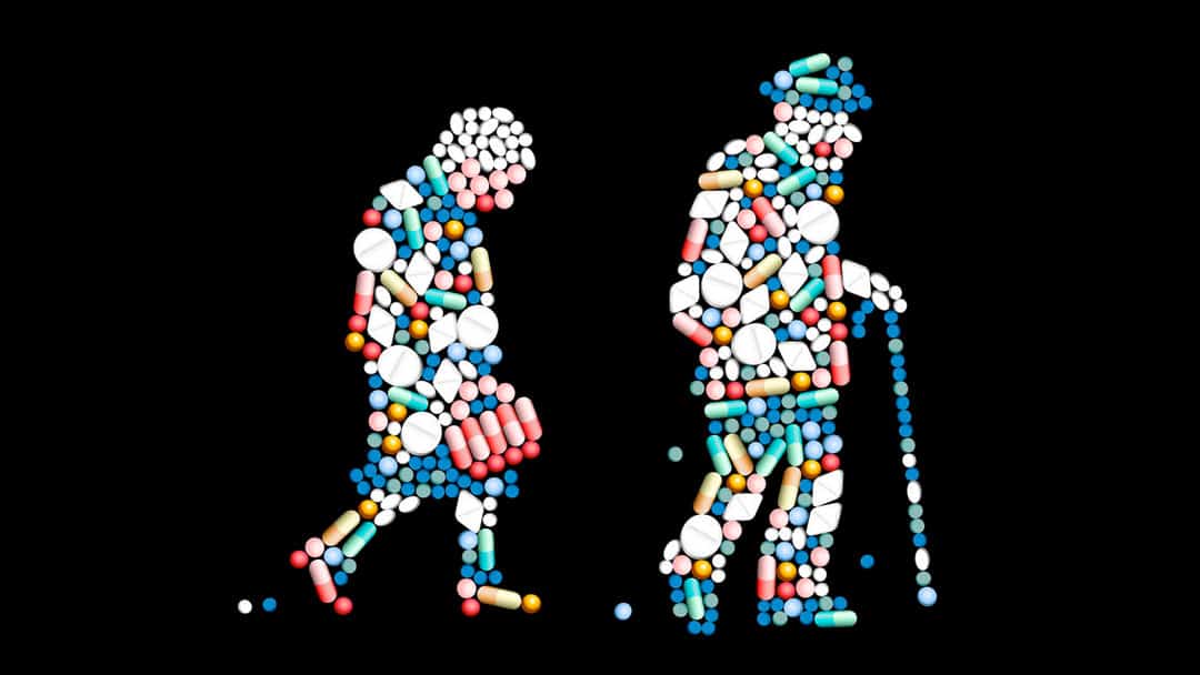 two geriatric patient images made up of pills