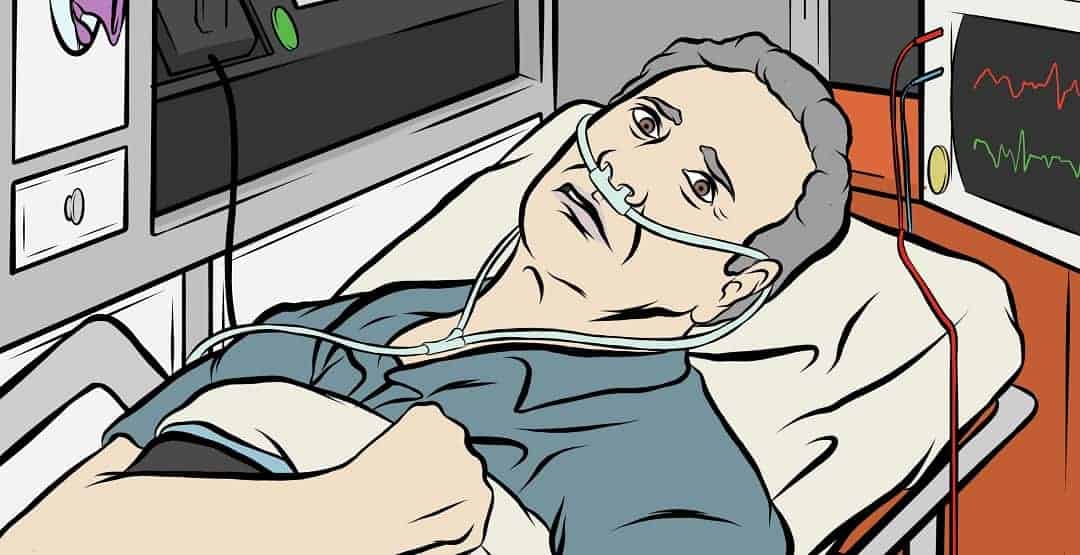 animated man clutching heart inside ambulance