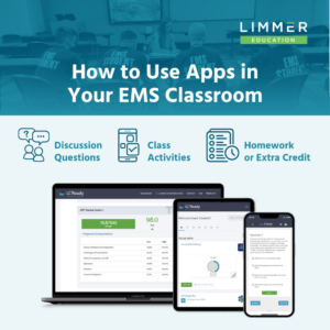 headline "how to use apps in your EMS classroom" with icons next to the suggestions "discussion questions, class activities, homework or extra credit." At the bottom, a photo of a laptop, tablet and phone displaying LC-Ready account.