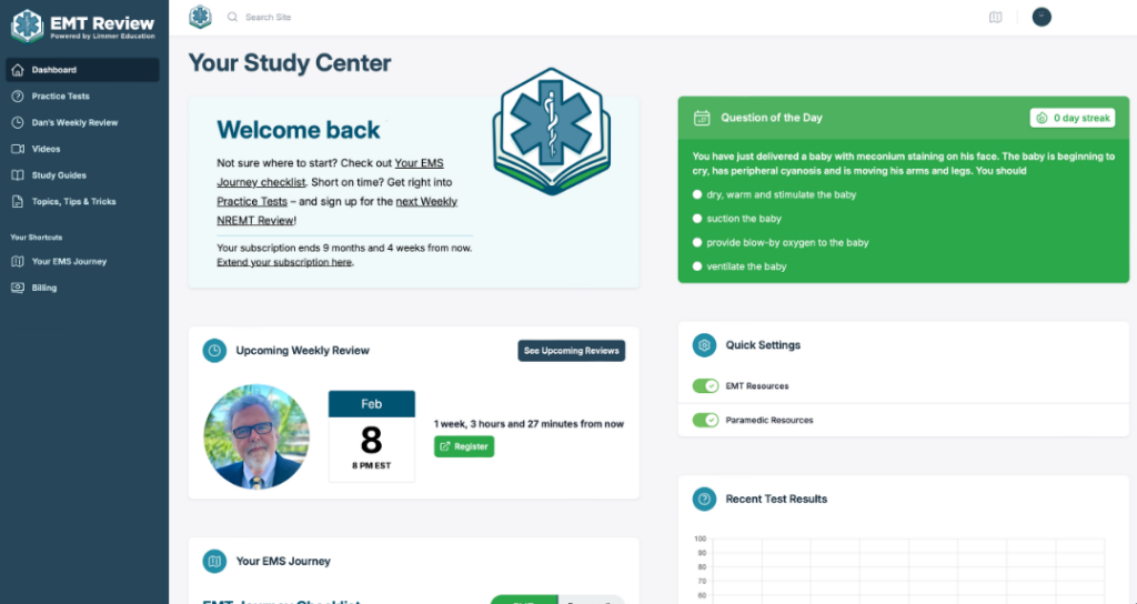 dashboard of emttreview.com 2024 redesign, main text says "study center"