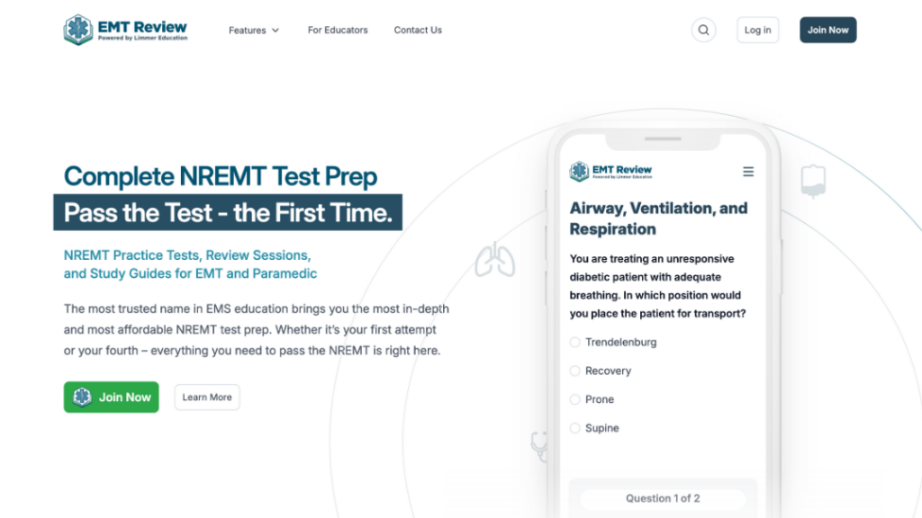 homepage emtreview.com 2024 redesign, header says "complete nremt prep. pass the nremt - the first time."