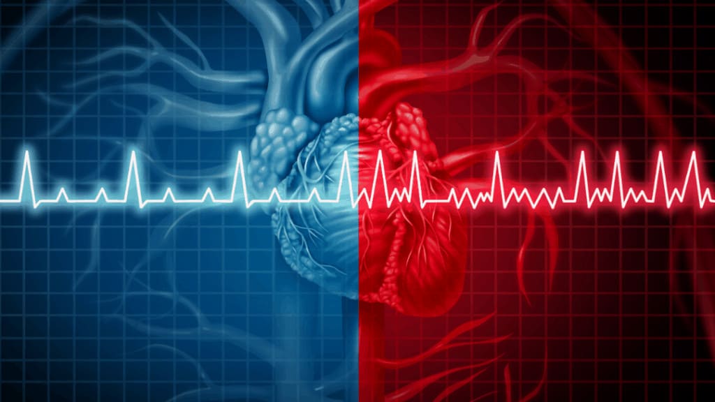 heart with ECG rhythm, left side is blue right side is red