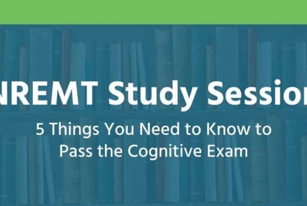 white text on blue book background: "NREMT Study Session. 5 Things You Need to Know to Pass the Cognitive Exam."