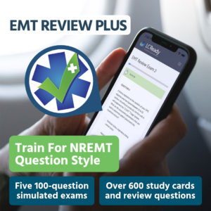 phone showing emt review plus app with test: "Train for NREMT question style. Five 100-question simulated exams, Over 600 study cards and review questions"
