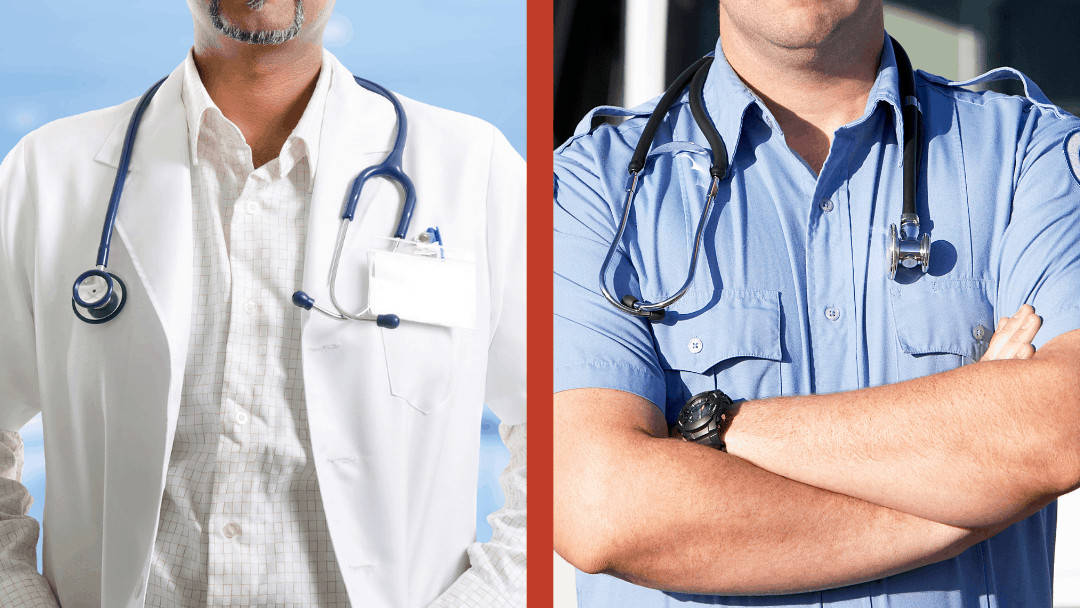 doctor in lab coat with stethoscope next to emt in uniform with stethoscope