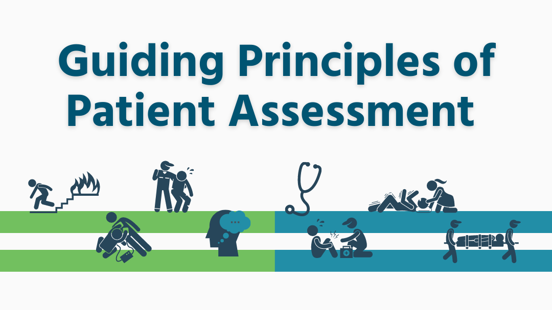 blue text on white background: Guiding Principles of Patient Assessment with EMS graphics below
