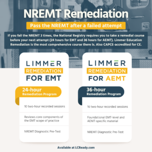 text graphic titled "nremt remediation: pass the nremt after a failed attempt" with two columns, one for 24-hour emt remediation and one for 36-hour aemt remediation