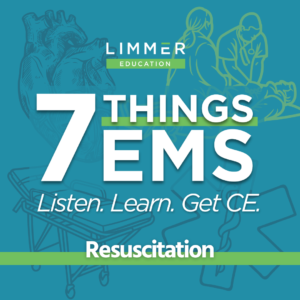 White Text light blue background: "7 Things EMS: Resuscitation"