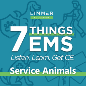 White text on light blue background: "7 Things EMS: Service Animals"