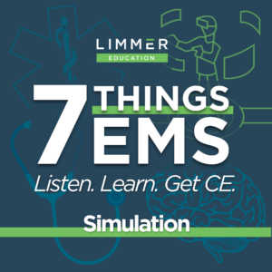 White Text dark blue background: "7 Things EMS: Simulation"