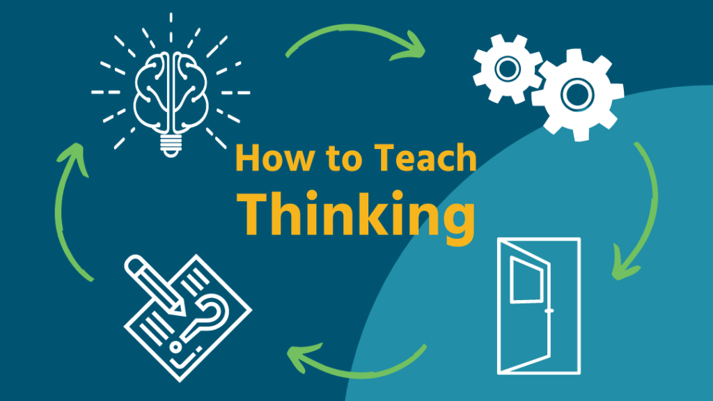 blue background yellow text says, "how to teach thinking" with loop of brain, gears, open door and exam in background