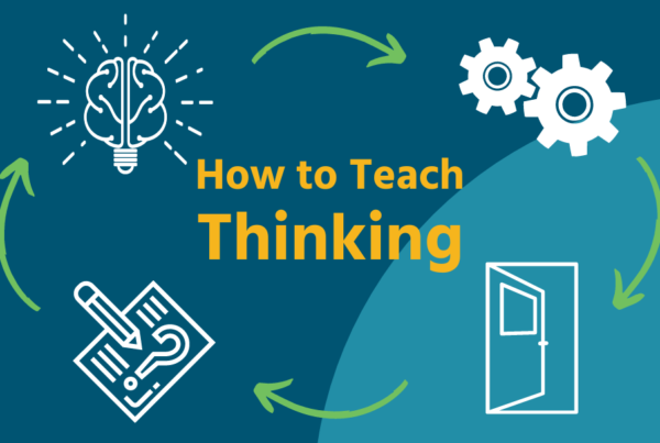 blue background yellow text says, "how to teach thinking" with loop of brain, gears, open door and exam in background