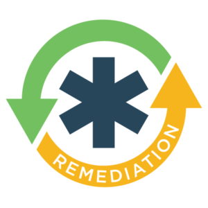 EMT Remedial Training Icon: Green and yellow arrows encircling blue star of life; word "Remediation" in white on yellow arrow