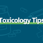 white text "toxicology tips" underlines in green on dark blue background with faint images of pill bottle, pills, needle, star of life