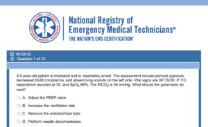 screenshot of national registry of emergency medical technicians logo with a preview of one of the nremt's practice questions for paramedic 2024 exam