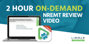 Laptop displaying NREMT practice question with text: "2 Hour On-Demand NREMT Review Video" and product logo