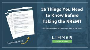 Image showing a paper handout, "download now" text, and header that says "25 Things You Need to Know Before Taking the NREMT"