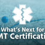 background: road map with blue pins and some routes highlighted blue; foreground: white star of life with caduceus and white text, "what's next for aemt certification?"