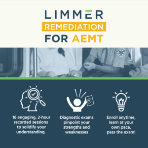 Logo: Limmer Remediation for AEMT with photo of AEMT and patient hands, plus graphical icons representing program sessions, diagnostic exams and "enroll anytime" messaging.