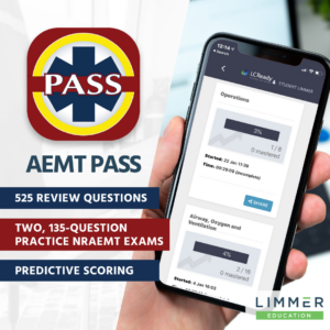 phone showing AEMT PASS practice question on the screen, with EMT PASS logo and text that says, "what comes with AEMT PASS? 525 review questions, two 135-question simulated nremt exams, predictive scoring"