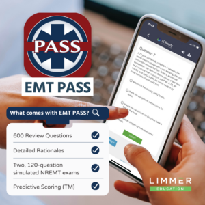 phone showing EMT PASS practice question on the screen, with EMT PASS logo and text that says, "what comes with EMT PASS? 600 review questions, detailed rationales, two 120-question simulated nremt exams, predictive scoring"