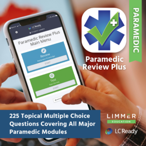 phone showing paramedic review plus app on screen, with star of life logo and text "225 topical multiple choice questions covering all major paramedic modules"