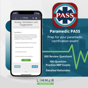 phone showing Paramedic PASS practice question on the screen, with Paramedic PASS logo and text that says, "Prep for your paramedic certification exam! 500 review questions, 100-question practice NRP exams, detailed rationales"