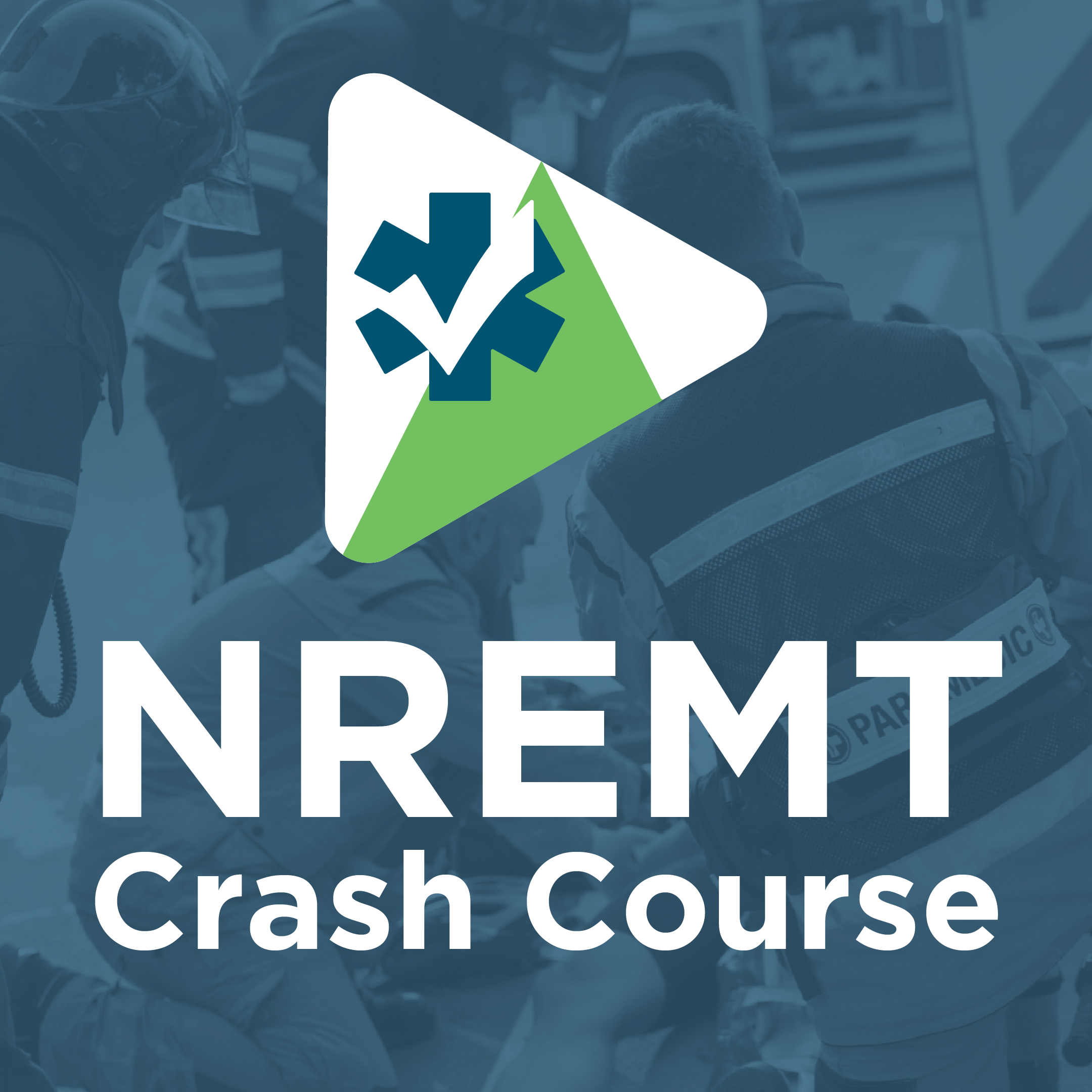 NREMT Crash Course product logo showing video play button with star of life and checkmark inside it. Words 