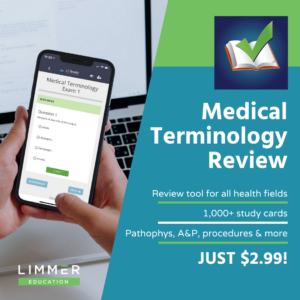 Image shows smartphone with Medical terminology Review app on screen. Text says "Medical terminology Review: Pathophy, A&P, procedures, and more"