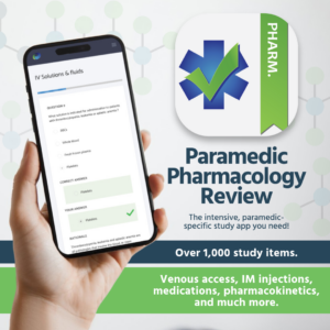 image of phone displaying "IV solutions and fluids" practice question, with text "Paramedic Pharmacology Review"